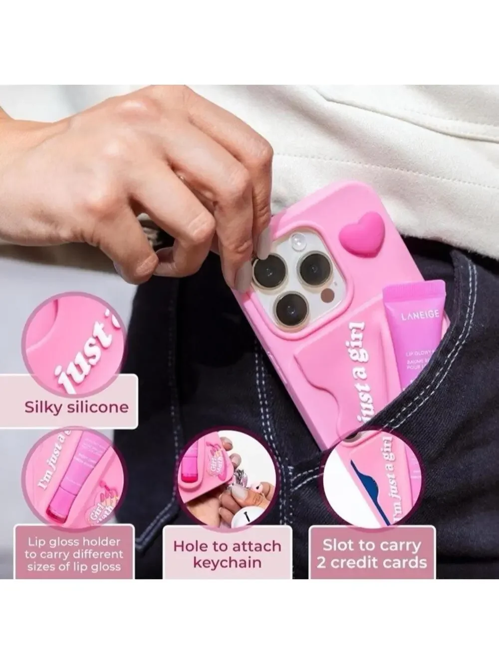 GIRL MATH Grip Gloss Phone Case iPhone 15 Pro Pink Silicone Lip Gloss Holder NEW